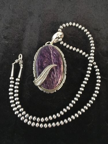 Navajo Charoite Feather Pendant | Sterling Silver Pearls Necklace | Authentic Native American Handmade | 8739