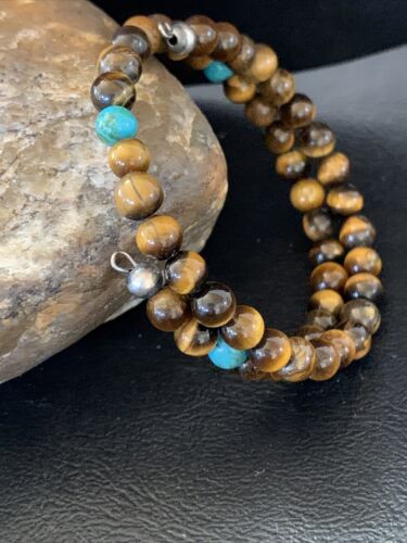 Stainless Steel Memory Wire Bracelet | Tiger's Eye & Turquoise | Southwestern Navajo Style | 1419