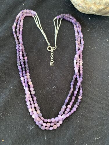 Navajo Sugilite Beads Liquid Heishi Necklace | 3 Strands Sterling Silver Tubes | Authentic Native American Handmade | 850