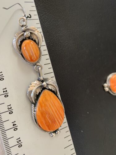 Navajo Orange Spiny Oyster Dangle Earrings | Sterling Silver | Authentic Native American Handmade | 12201