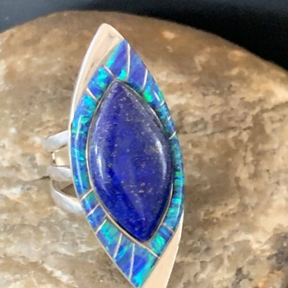 Southwestern Blue Lapis Opal Inlay Ring | Navajo Sterling Silver | Sz 10 | Authentic Native American Handmade | 12846