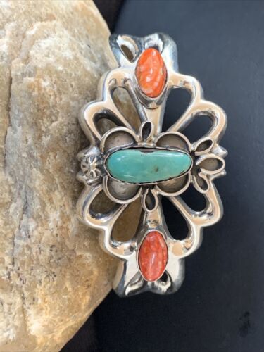Men's Navajo Kingman Turquoise & Spiny Oyster Bracelet | Sterling Silver | Authentic Native American Handmade | 01032