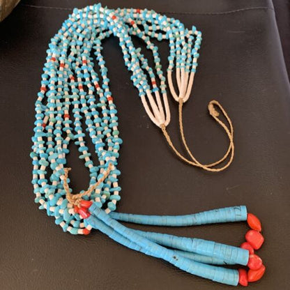 Southwestern Santo Domingo Blue Turquoise Coral Jacla Necklace | 5 Strand | 34" | Native American Handmade | 13180