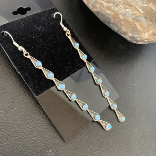 Navajo Green Turquoise Dangle Earrings | Sterling Silver | 3" Long | Authentic Native American Handmade | 12120
