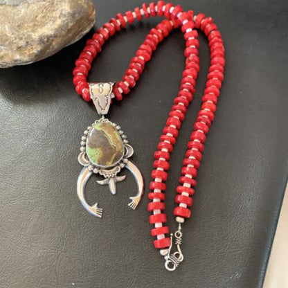Navajo Green Gaspeite Naja Pendant with Red Coral | Sterling Silver | 23" Necklace | Authentic Native American Handmade | 11165