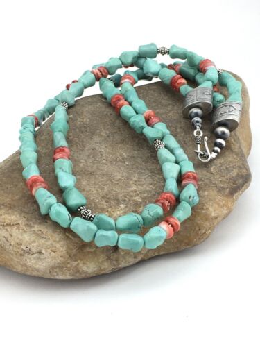 Native American Turquoise Spiny Sterling Silver Nugget Bead Necklace | 22" | 1352