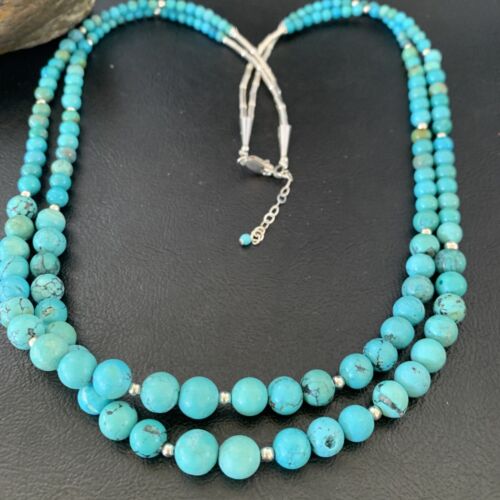 Navajo Blue Turquoise Bead Necklace | Sterling Silver | 25" | Authentic Native American Handmade | 11665 - Masha USA