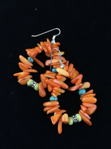Navajo Orange Coral Turquoise Earrings Set | Sterling Silver | Authentic Native American Handmade | 1784