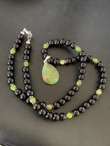 Navajo Pearls Onyx Mojave Turquoise Pendant Necklace | Sterling Silver | Authentic Native American Handmade | 13251