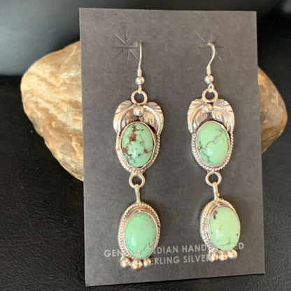 Navajo Green Spiderweb Turquoise Dangle Earrings | Sterling Silver | Authentic Native American Handmade | 13547
