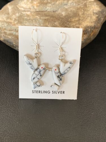 Navajo Sterling White Buffalo Turquoise Hummingbird Dangle Earrings | 1" | Authentic Native American Handmade | 12313