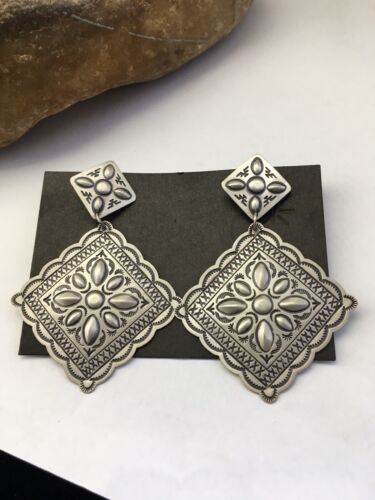 Native American Navajo Stamped Earrings | Sterling Silver | 2.75" | 1733 - Masha USA