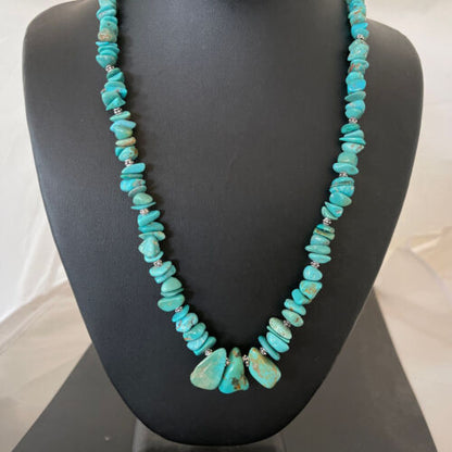 Navajo Blue Turquoise Nugget Beads Necklace | Sterling Silver | Authentic Native American Handmade | 22" | 01345