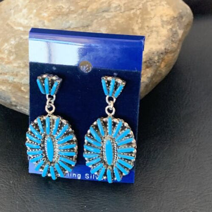 Zuni Handmade Kingman Turquoise Needle Point Dangle Earrings | Sterling Silver | 11663