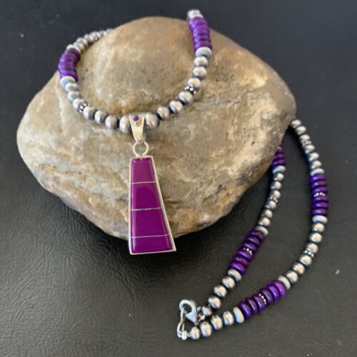 Navajo Pearl Necklace Purple Sugilite Inlay Pendant | Sterling Silver | Authentic Native American Handmade | 12620