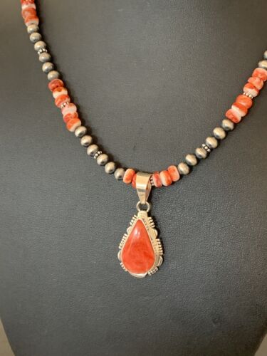 Navajo Red Spiny Oyster Pendant Necklace | Sterling Silver | 20" | Authentic Native American Handmade | 376