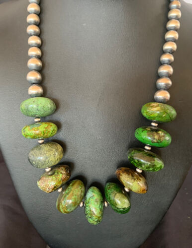 Navajo Chunky Graduated Green Turquoise Necklace | Sterling Silver | Authentic Native American | 18" | 11767