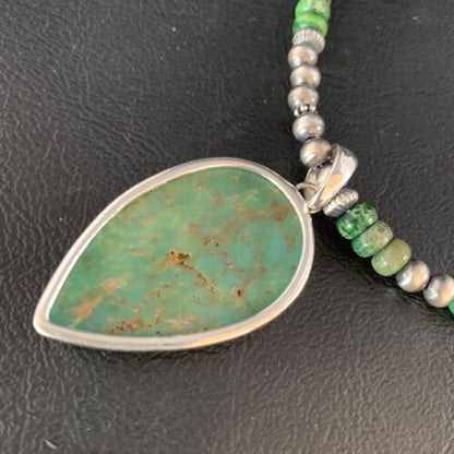 Navajo Pearl Green Turquoise Necklace Pendant | Sterling Silver | Authentic Native American Handmade | 13469