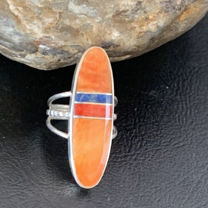 Navajo Red Spiny Oyster Lapis Inlay Ring | Sterling Silver | Sz 5 | Authentic Native American Handmade | 11584