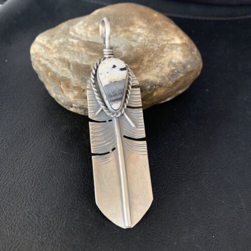 Navajo White Buffalo Turquoise Feather Pendant | Sterling Silver | Authentic Native American Handmade | 13987