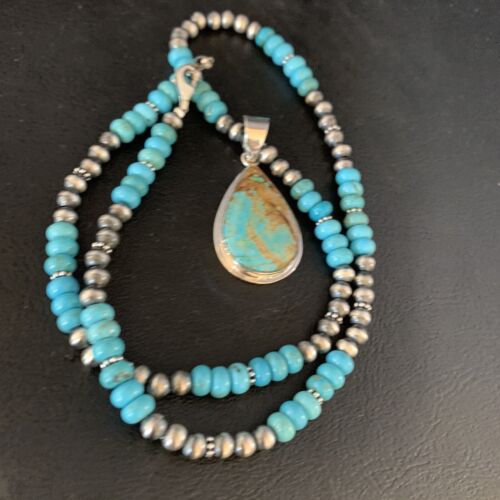 Navajo Blue Turquoise Pendant Necklace | Sterling Silver | Authentic Native American Handmade | 13828