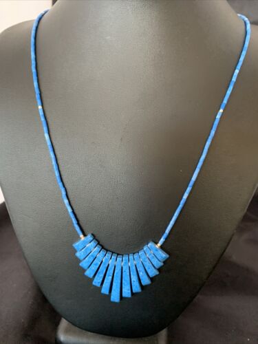 Navajo Denim Lapis Bead Necklace | Sterling Silver | Tube Heishi Fan Pendant | 20" | 10475