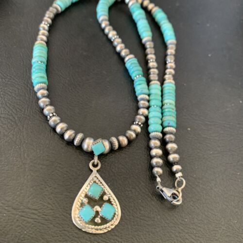 Navajo Men's Navajo Pearls Necklace | Authentic Native American Sterling Silver | Blue Kingman Turquoise Pendant | Multi-Stone | 12475