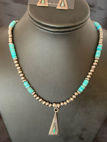 Navajo Blue Turquoise Pendant Earrings Set | Authentic Native American Sterling Silver Necklace | Handmade | 12618 - Masha USA