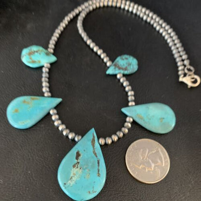Navajo Teardrop Blue Turquoise Necklace | Sterling Silver Pearls | 20" | Authentic Native American Handmade | 13968