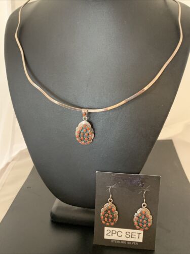 Navajo Sterling Silver Red Coral Cluster Pendant Earrings Set | Authentic Native American Handmade | 02155
