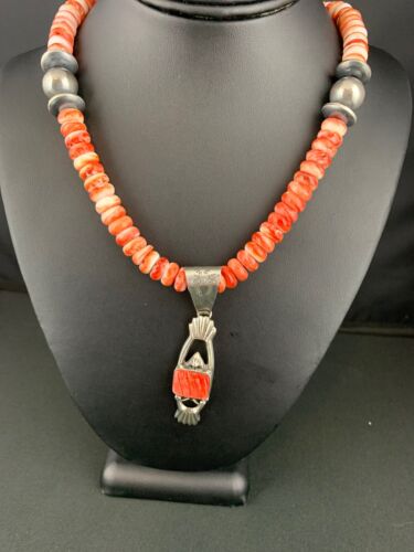 Navajo Red Spiny Oyster Pendant Necklace | Sterling Silver | Authentic Native American Handmade | 4782
