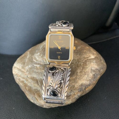 Authentic Native American Navajo Sterling Silver Watch Tips | Feather Design with Black Onyx Band | 14398
