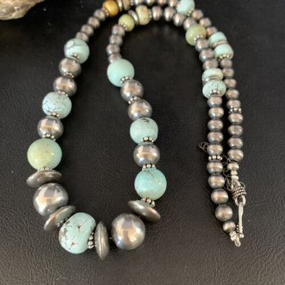 Dry Creek Turquoise Navajo Pearls Beaded Necklace | Sterling Silver | 25" | Authentic Native American Handmade | 14103 - Masha USA