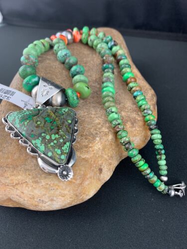 Spiderweb Turquoise Pendant | Spiny Beads | Navajo Sterling Necklace 21" | 4723