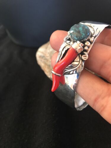 Navajo Spiderweb Turquoise & Coral Bracelet | Sterling Silver | Authentic Native American Handmade | 8366
