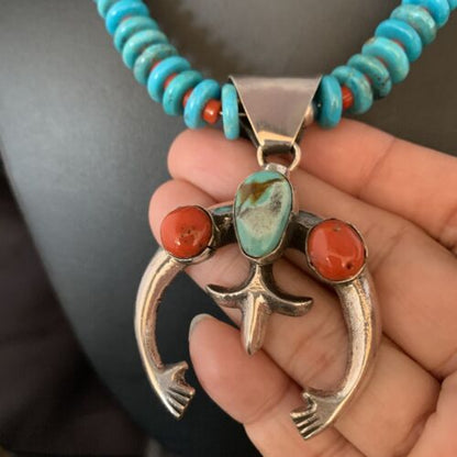 Navajo Sterling Silver Necklace | Blue Turquoise & Coral Naja Pendant | Authentic Native American Handmade | 13748