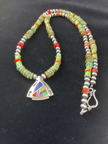 Navajo Turquoise & Spiny Oyster Inlay Pendant Necklace | Sterling Silver | Authentic Native American Handmade | 01622