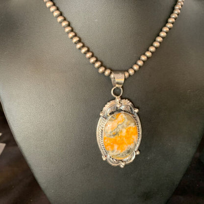 Navajo Bumblebee Jasper Pendant Necklace | Sterling Silver | Authentic Native American Handmade | 14200