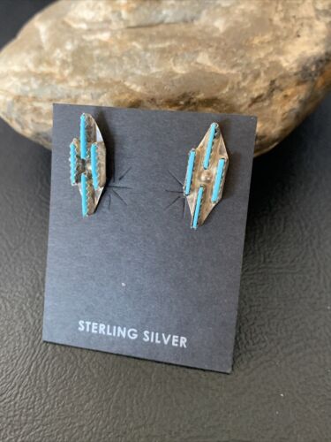 Zuni Blue Turquoise Needle-Point Dangle Post Earrings | Sterling Silver | 0.70" | 12751