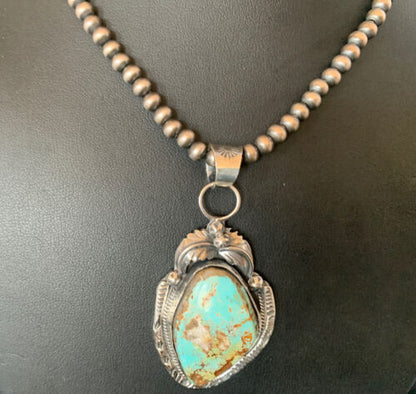 Men's Navajo Blue Dry Creek Turquoise Pendant | Sterling Silver | Pearl Necklace | Native American | 12970