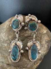Handmade Navajo Spiderweb Turquoise Dangle Earrings | Sterling Silver | Authentic Native American | 1481