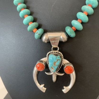 Navajo Pearls Sterling Silver Necklace | Blue Turquoise & Spiny Oyster Naja Pendant | Authentic Native American Handmade | 02059