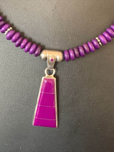 Authentic Native American Navajo Pearl Necklace with Purple Sugilite Pendant | Sterling Silver | 18" | 12349