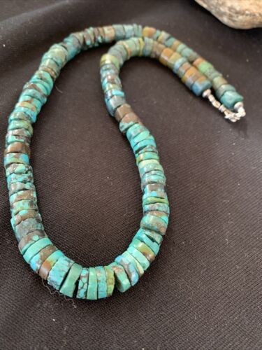 Native American Blue Green Turquoise Heishi Necklace | 9mm | Sterling Silver | 20" | 876 - Masha USA