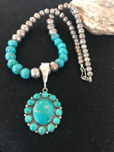 Navajo Pearls Kingman Turquoise Beads Necklace | Sterling Silver Pendant | Native American Handmade | 1223