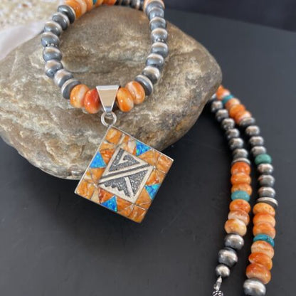 Navajo Pearls Sterling Silver Necklace | Orange Spiny Oyster Opal Inlay Pendant | 11383