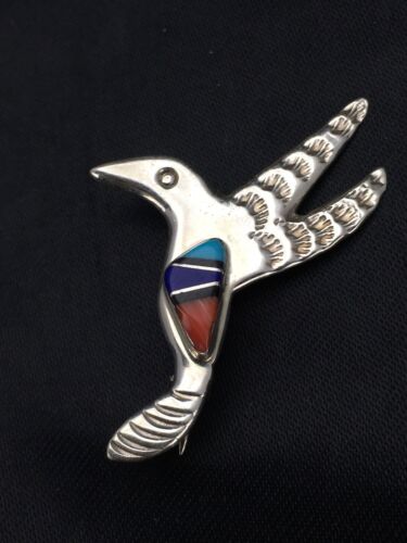 Turquoise, Lapis & Coral Hummingbird Inlay Pin | Navajo Sterling Silver | Authentic Native American Jewelry | 2900