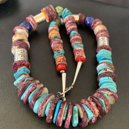 Navajo Sterling Silver Necklace | Turquoise, Spiny Oyster, Coral, Lapis | 24" | Authentic Native American | 10825