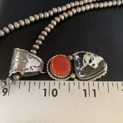 Navajo White Buffalo Turquoise Coral Pendant | Sterling Silver | Multi-Stone Necklace | 13579