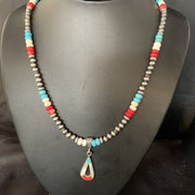 Navajo Pearls Wild Horse Turquoise Necklace Inlay Pendant | Sterling Silver | Authentic Native American Handmade | 13885